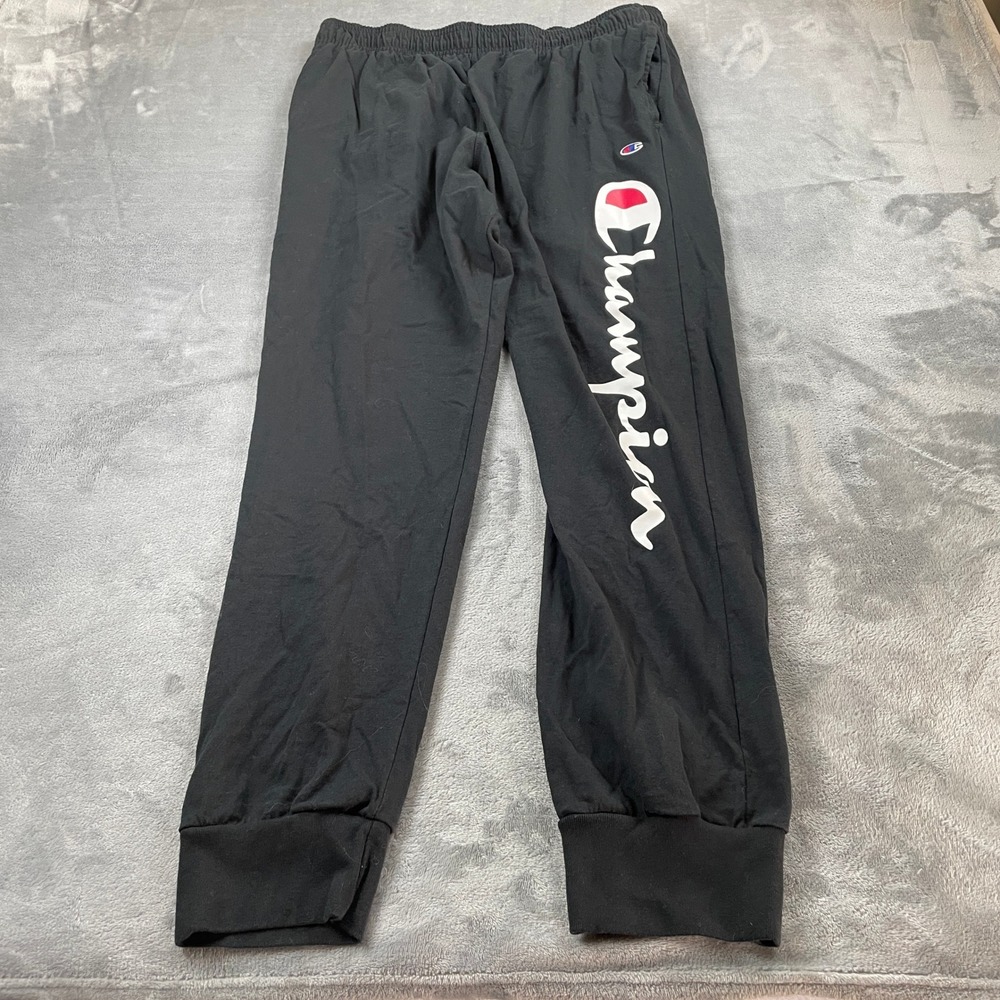Champion Men's XL Black Script Logo Cotton Jersey Jogger Pants Sporty Casual